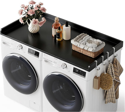 2-Tier Washer Dryer Countertop with Shelves & Metal Hooks, 27" W x 27.5" D Large Laundry Topper for Room Organization & Folding Clothes & Storage(Oak)