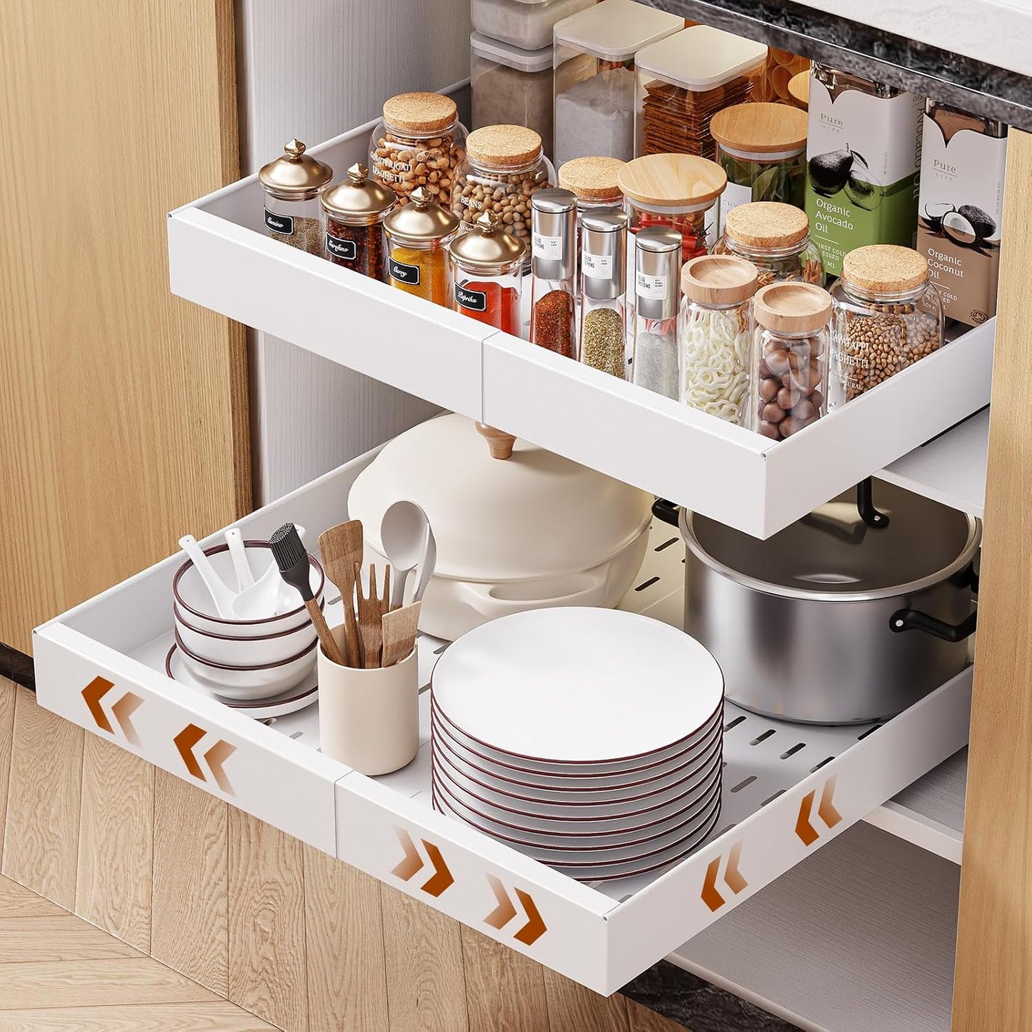 Pull Out Cabinet Organizer, 21"Deep Slide Out Drawers for Kitchen Cabinets | Adjustable Width 12.05"-20.4", For Framed/Frameless cabinets, No Drill Adhesive, 3‑Rail Smooth Glide, Height-Raising Pads