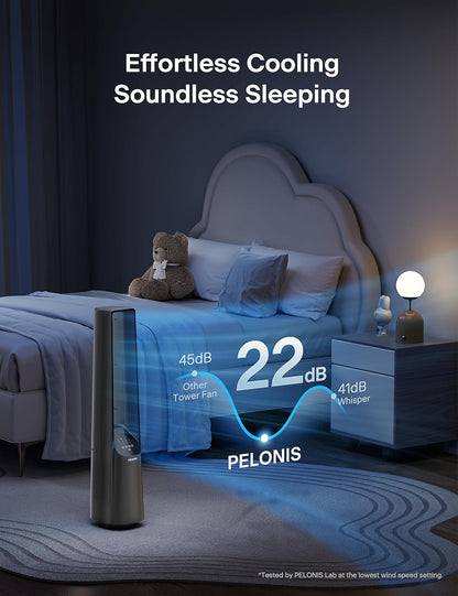 PELONIS 40" 90° Oscillation Bladeless Fan for Bedroom with Remote, White | Bladeless Cooling Tower Fan with 6 Speeds, 4 Modes, 26 ft/s, Brushless DC Motor, Quiet 22dB, 7-Hr Timer for Home, Office Use