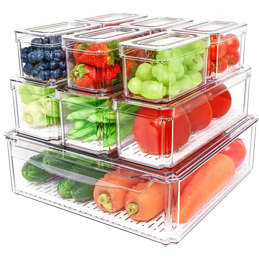 POMEAT 10 Pack Fridge Organizer, Stackable Refrigerator Organizer Bins with Lids, Produce Fruit Storage Containers for Storage Clear for Food, Drinks, Vegetable Storage