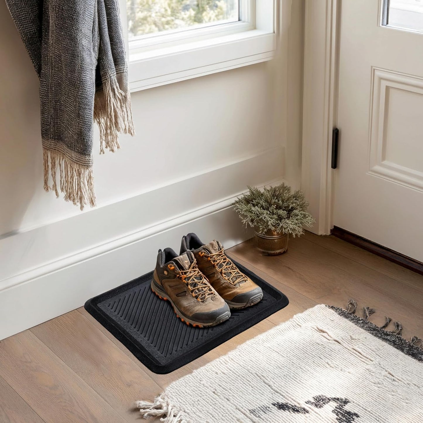 Croft&Cane Rubber Boot Tray - Black 16x32 inch Large Waterproof Shoe Tray | Heavy Duty Big Foot Indoor Outdoor Boot Mat with Raised Edges - Slip Resistant Entryway Garage Pet Feeding Multi-Purpose Mat