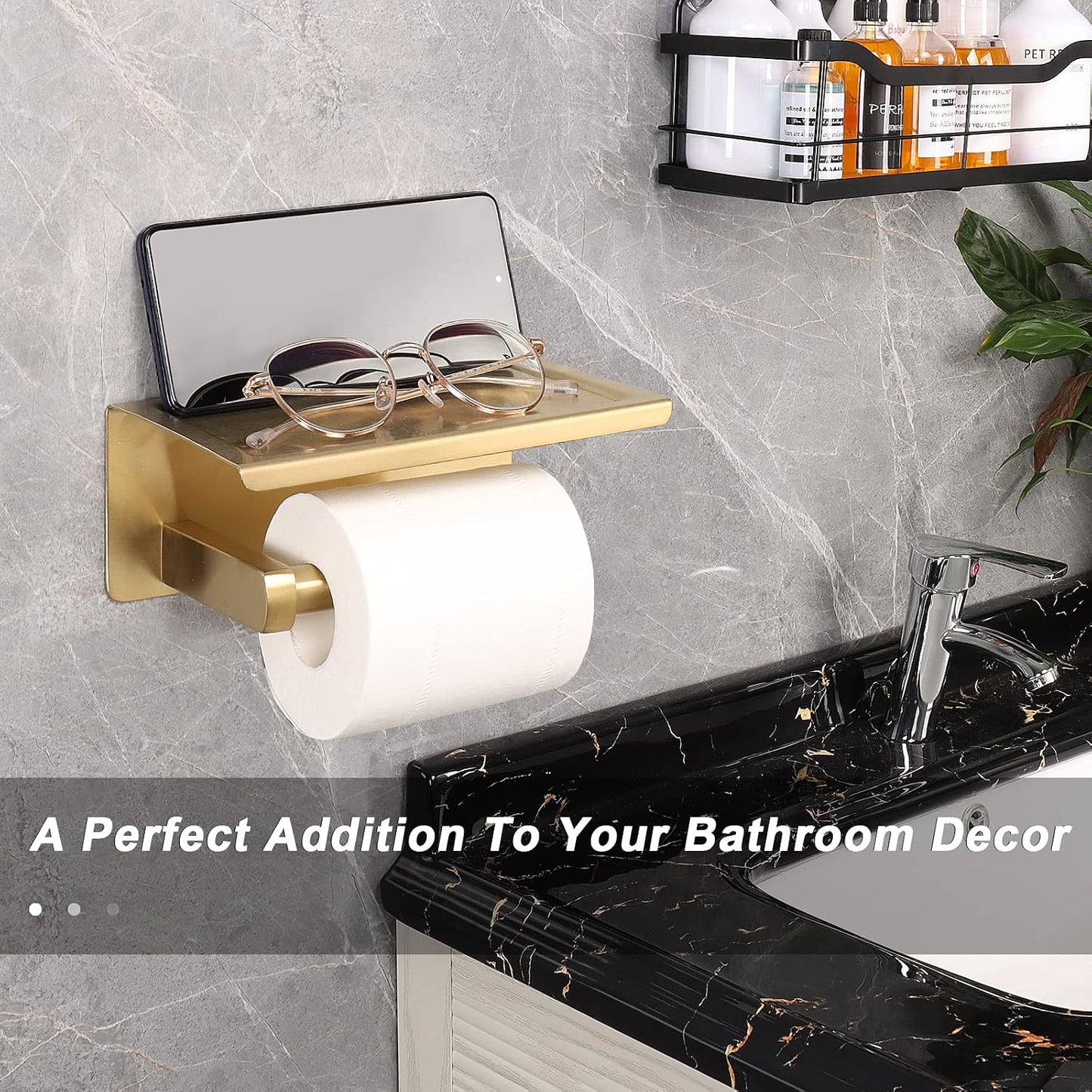 NearMoon Toilet Paper Holder with Shelf, Heavy Duty Bath Toilet Roll Holder with Phone Shelf Tissue Hanger for Bathroom/Kitchen No Drill or Wall Mounted(304 Stainless Steel, Brushed Gold)