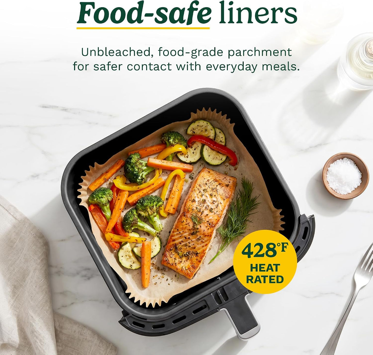 Cuisinart Air Fryer Liners Disposable, 150 Pack, 7.75" Square | Food-grade unbleached silicone-coated parchment for air fryer basket, non-stick to 428F, traps grease, oven & microwave safe
