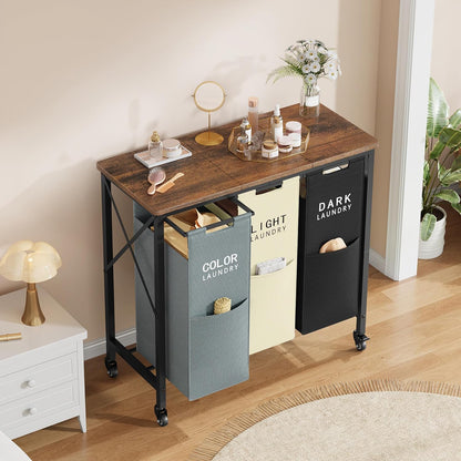 Gewudraw 3 Section Laundry Sorter with Ironing Board, Black | Laundry Sorter with Removable Bags, Heavy-Duty Rolling Laundry Cart, Lockable Wheels, For Bathroom, Bedroom