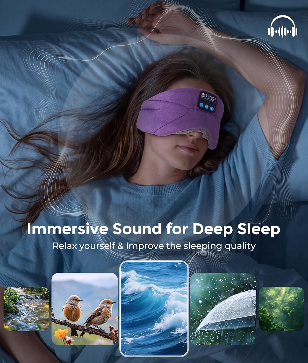 LOVE EYE Sleep Headphones Bluetooth 5.4 Sleeping Eye Mask Wireless Music Earphones with Built-in HD Speakers for Side Sleepers Cotton Sleeping Headphones for Women Men Gifts (Lavender Purple)