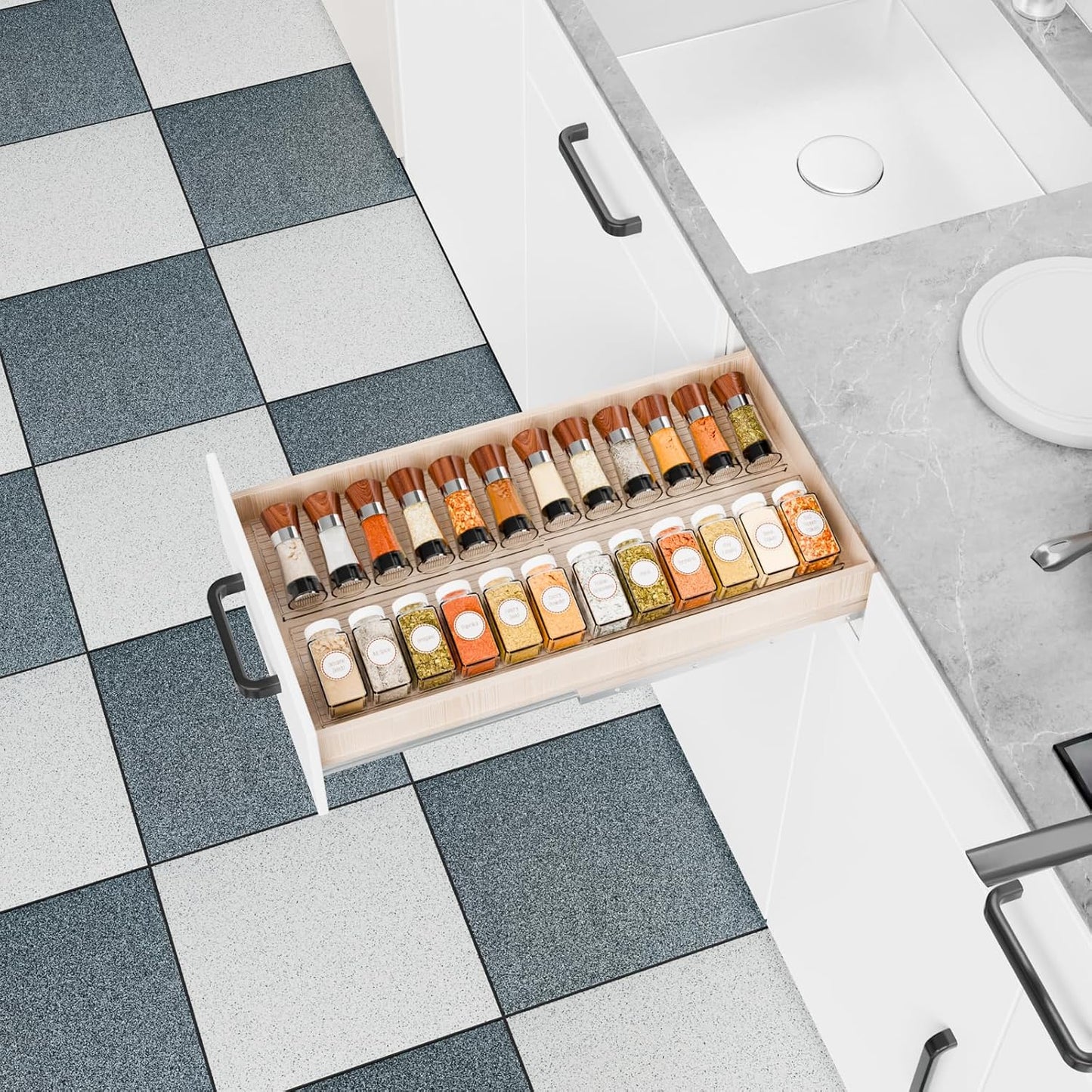 4 Pack Adjustable Narrow Spice Rack for Drawer - Expandable From 9" to 17.7" - Acrylic Drawer Seasoning Organizer,Tiered Clear Spice Tray for Spices,Condiment,Nail Polish and Jar Organization