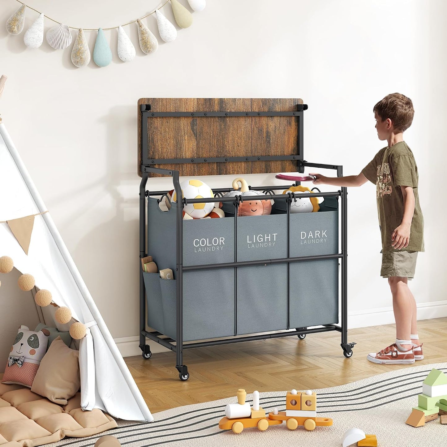 Hoctieon 3 Section Laundry Sorter with Iorning Board, Laundry Hamper, Black | Lockable Wheels, Laundry Basket Organizer with Wheels, Heavy Duty Clothes Organizer, Large Clothes Separator, Removable Bags