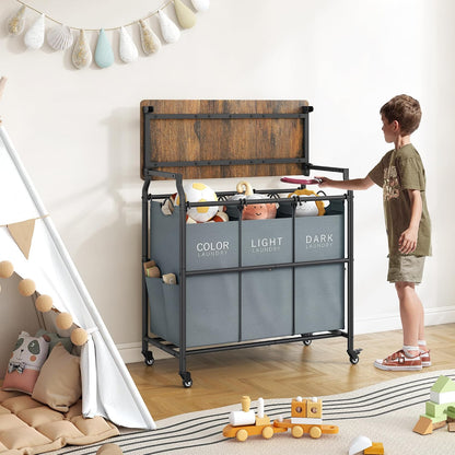 Hoctieon 3 Section Laundry Sorter with Iorning Board, Laundry Hamper, Black | Lockable Wheels, Laundry Basket Organizer with Wheels, Heavy Duty Clothes Organizer, Large Clothes Separator, Removable Bags