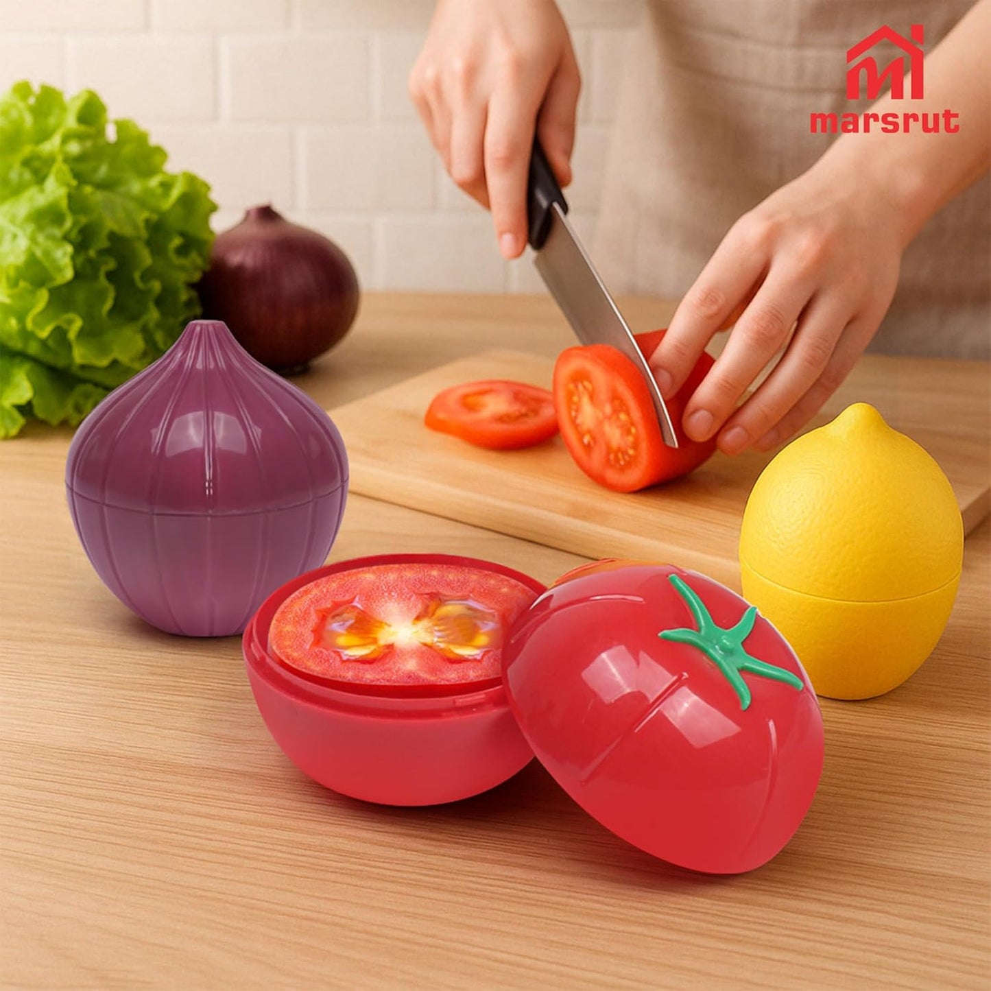 Marsrut 3pcs Vegetable Saver Storage, Onion Keeper for Refrigerator, Creative Container for Kitchen Garlic Onion Tomato Lemon Crisper Green Fruit Food Containers Holder with Lids