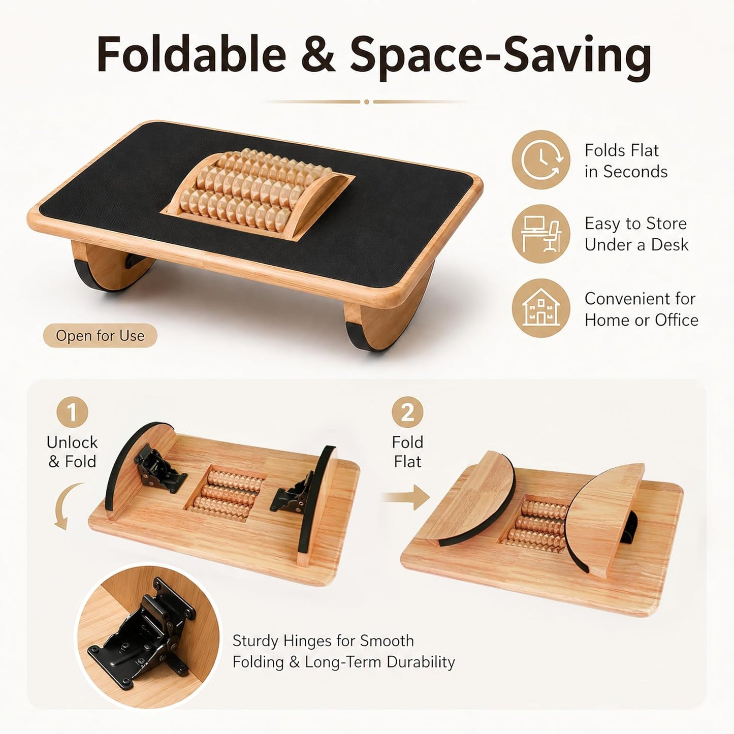 Foldable Under Desk Foot Rest, Wooden Rocking Footrest with 4 Massage Rollers, Natural Rubber Wood Ergonomic Foot Stool with Silicone Anti-Slip Surface, Office Home Study Footrest for Post