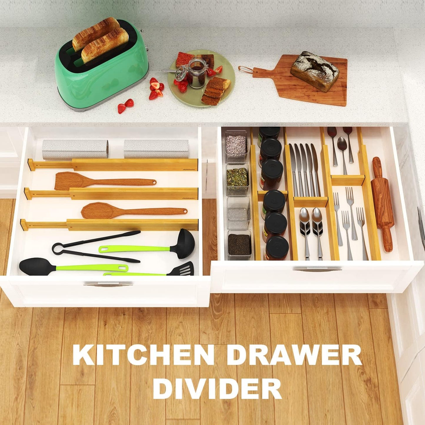 Bamboo Drawer Dividers, Expandable Drawer Separators Splitter, 17-22 inches Adjustable Spring-loaded Organizer for Large Utensil, Clothes, Tools Drawers, 6 Pack Dividers + 4 Pack Baffle