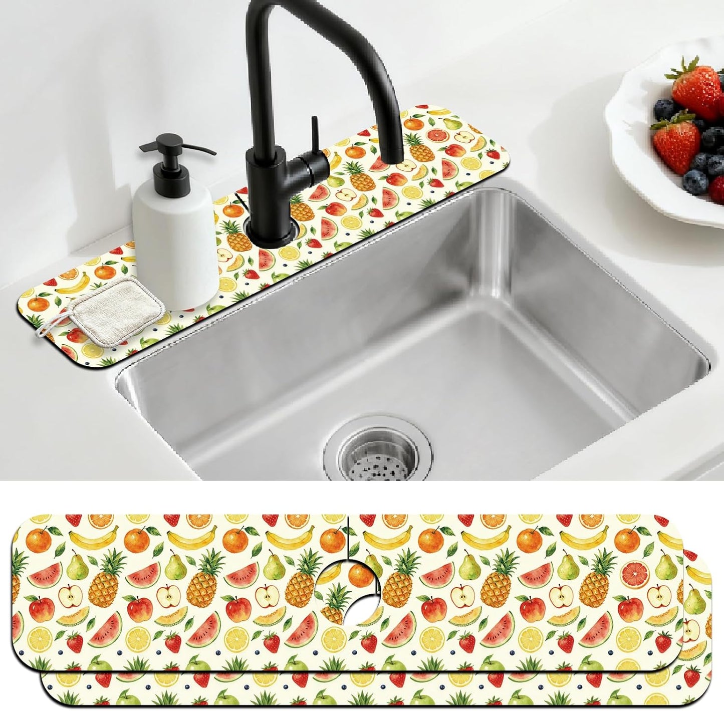 2Pcs Peonies Kitchen Sink Splash Guard Faucet Mat Vintage Florals Faucet Mat For Bathroom Kitchen 5.5x23.6In