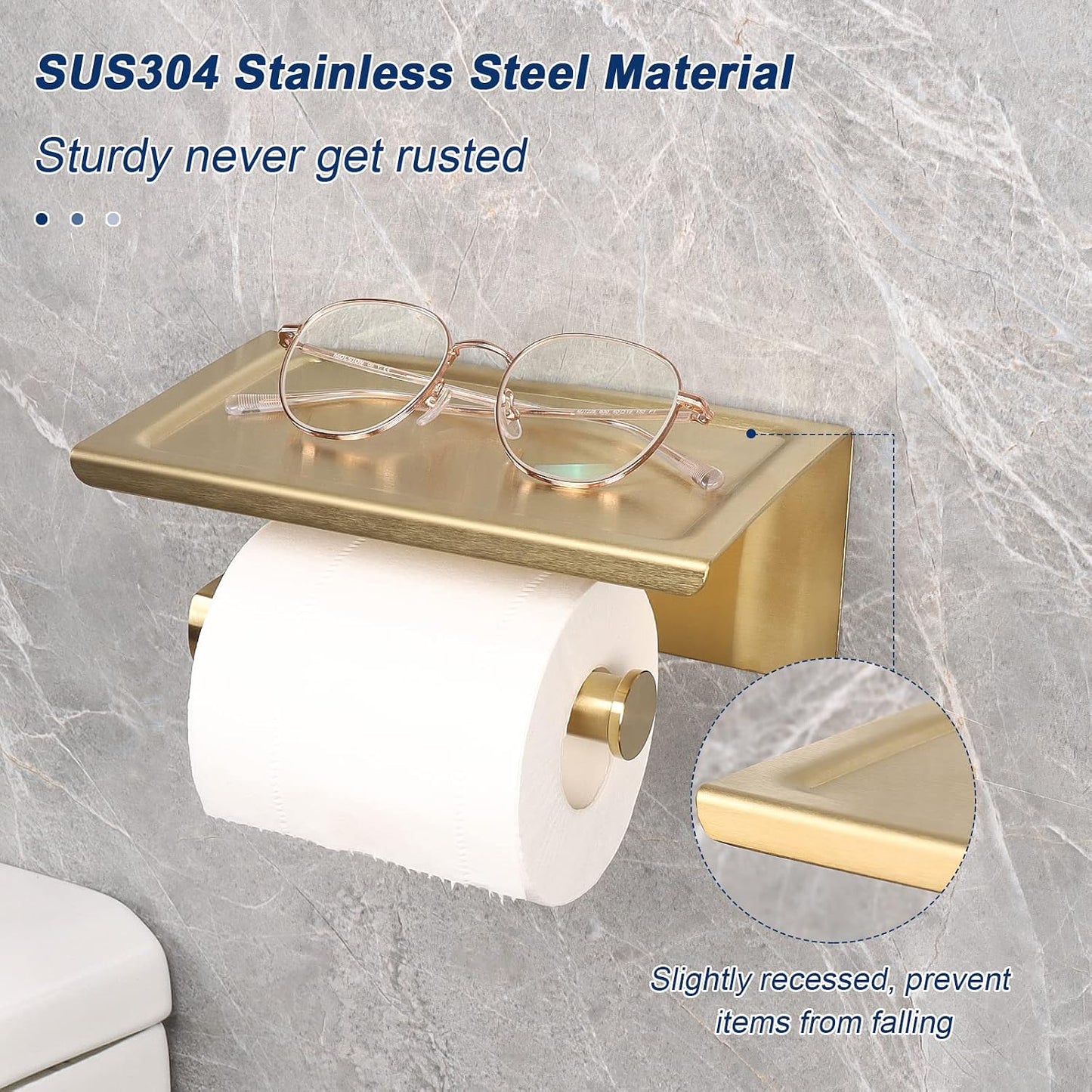 NearMoon Toilet Paper Holder with Shelf, Heavy Duty Bath Toilet Roll Holder with Phone Shelf Tissue Hanger for Bathroom/Kitchen No Drill or Wall Mounted(304 Stainless Steel, Brushed Gold)