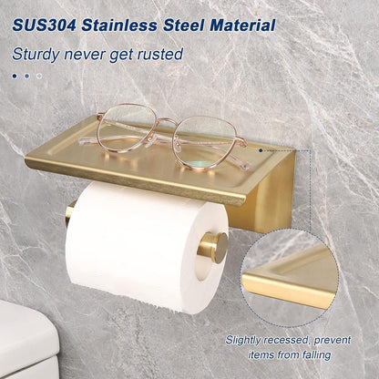 NearMoon Toilet Paper Holder with Shelf, Heavy Duty Bath Toilet Roll Holder with Phone Shelf Tissue Hanger for Bathroom/Kitchen No Drill or Wall Mounted(304 Stainless Steel, Brushed Gold)