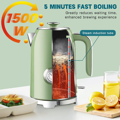 SUSTEAS 57oz Electric Kettle with Thermometer, Hot Water Pot, Retro Green | Electric Tea Kettle for Boiling Water, 1500W Stainless Steel Pot, Cordless LED Indicator, Auto Shut-Off & Boil Dry Protection