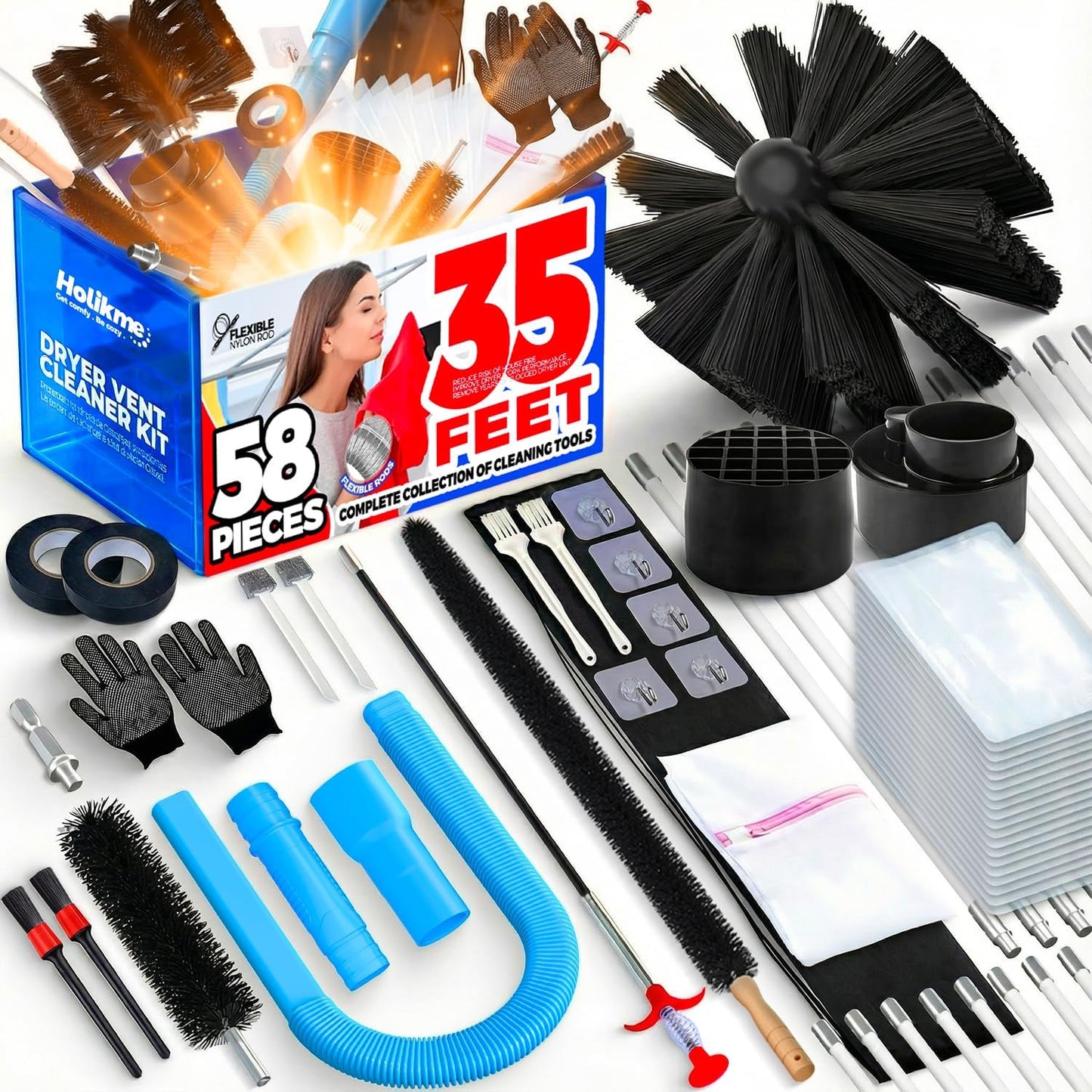 Holikme 35FT Dryer Vent Cleaner Kit 58Pcs - Lint Remover Brush Vacuum Tools | Dryer Vent Brush Kit, Omnidirectional Lint Vacuum Attachment & Lint Trap Brush Clean Hard-to-Reach Areas, Remove Hidden Lint