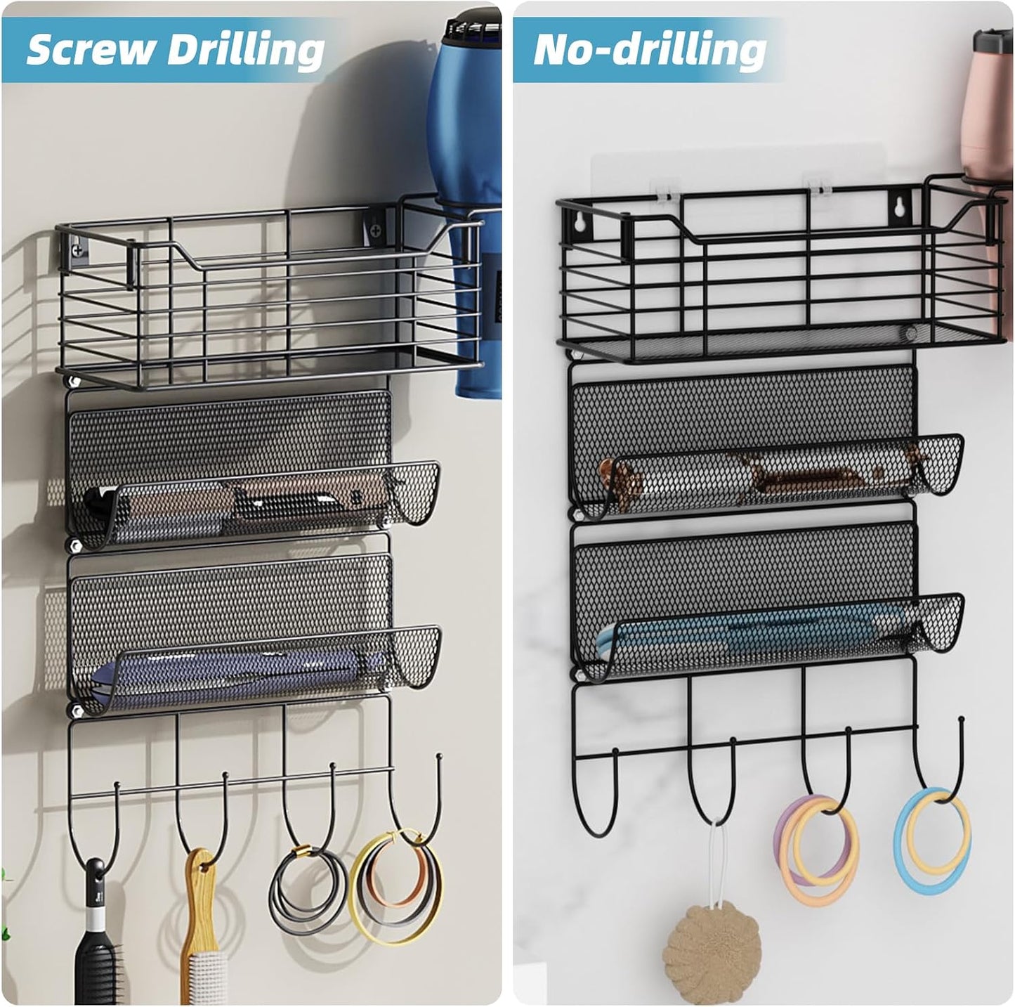 3 Tier Hair Tool Organizer Wall Mount, curling iron holder Basket, Black | Metal Mesh, Hair Dryer Holder, Bathroom Hair Styling Tool Organizer, Blow Dryer Holder, Hair Straightener Organizer
