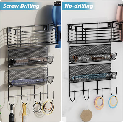 3 Tier Hair Tool Organizer Wall Mount, curling iron holder Basket, Black | Metal Mesh, Hair Dryer Holder, Bathroom Hair Styling Tool Organizer, Blow Dryer Holder, Hair Straightener Organizer
