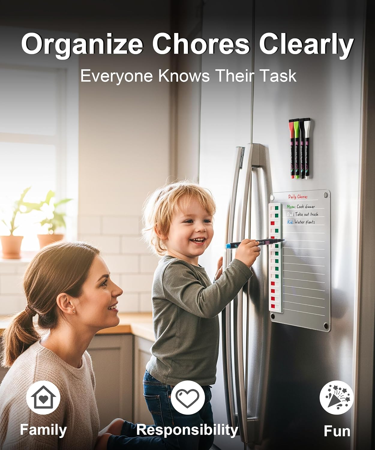 Magnetic Acrylic Dry Erase Board for Fridge, to Do List White Board with Sliding Buttons, 12"X10" Clear Chore Chart for Adults, Reusable Refrigerator Whiteboard Includes 5 Markers