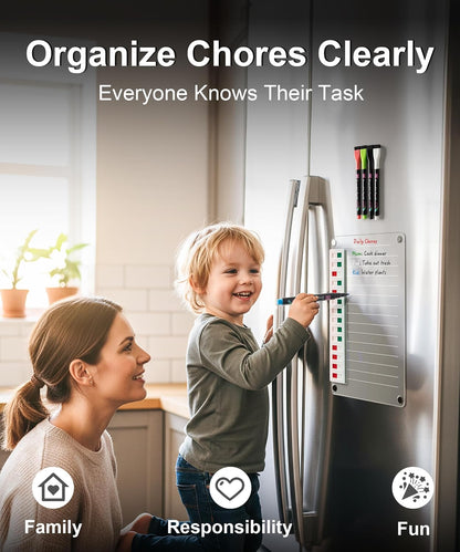 Magnetic Acrylic Dry Erase Board for Fridge, to Do List White Board with Sliding Buttons, 12"X10" Clear Chore Chart for Adults, Reusable Refrigerator Whiteboard Includes 5 Markers