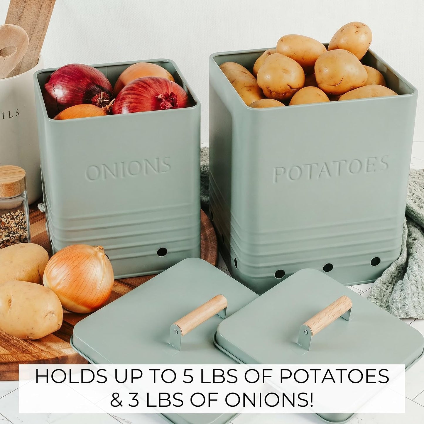 Beautiful Potato and Onion Storage Container Set - Food Safe Metal Bins | Spacious 10.1" and 8.9" Canisters for Your Kitchen Counter or Pantry - Keeps Produce Fresh Longer