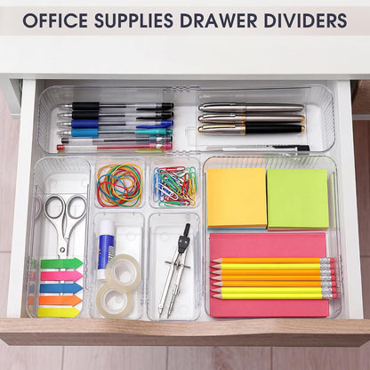 Aneco 14 Pieces Extendable Clear Drawer Organizer Adjustable Vanity Storage Box 4-Size Desk Drawer Divider Acrylic Storage Bins for Makeup, Cosmetic, Jewelries, Bedroom Kitchen Utensils Gadgets