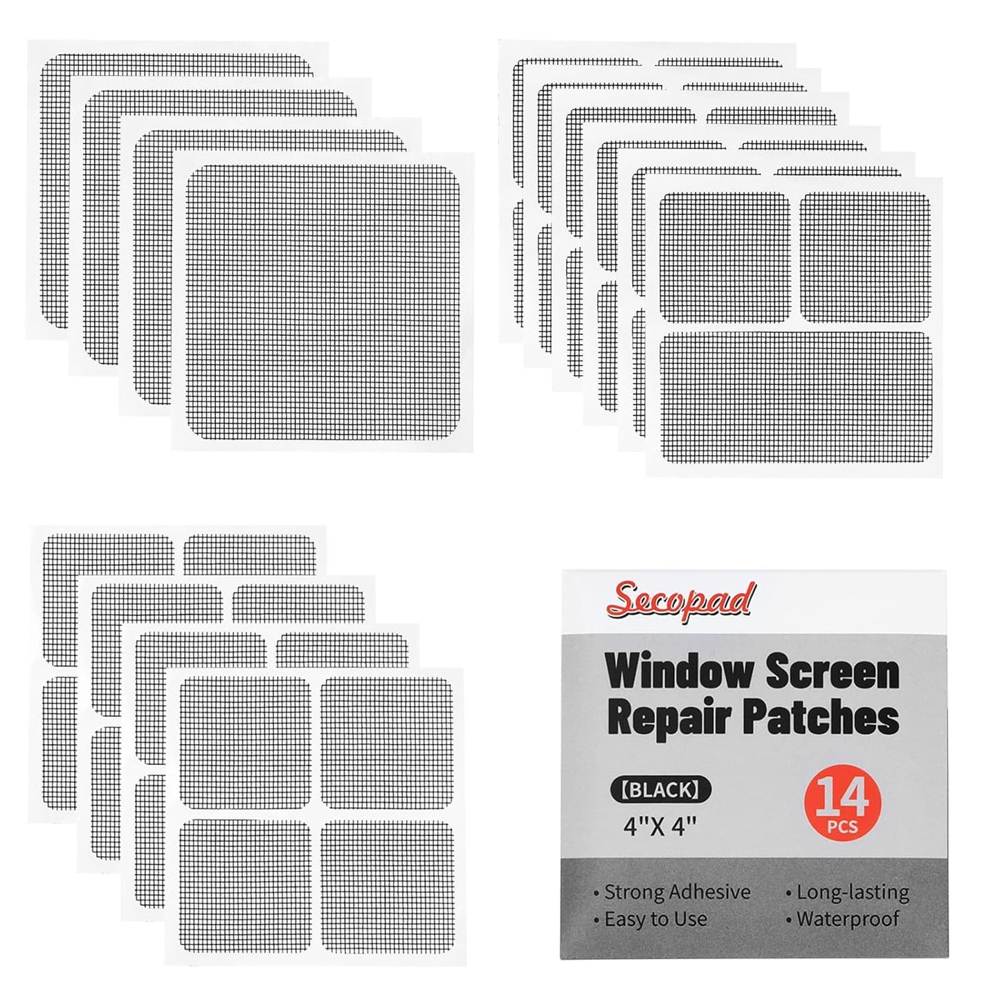 Secopad 14 Sheets Screen Patch Tape, Window Screen Repair Kit, Black | 3 Sizes, Quick Repair, Strong Adhesive, Easy to Use, For Mesh Window & Door, Cuttable Fiberglass, No Tools Needed