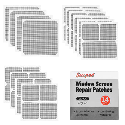 Secopad 14 Sheets Screen Patch Tape, Window Screen Repair Kit, Black | 3 Sizes, Quick Repair, Strong Adhesive, Easy to Use, For Mesh Window & Door, Cuttable Fiberglass, No Tools Needed