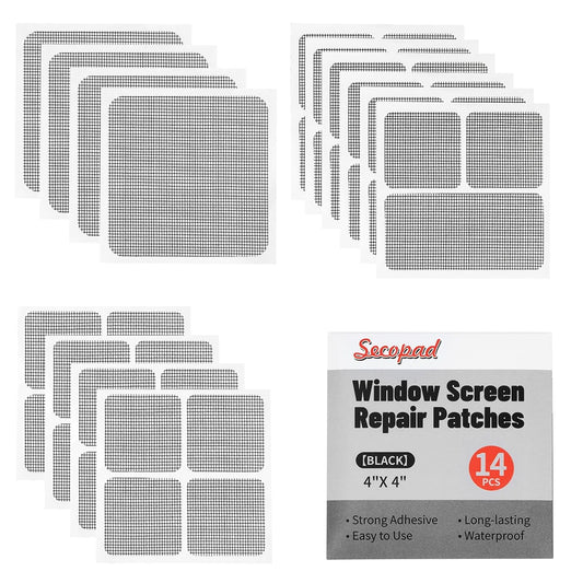 Secopad 14 Sheets Screen Patch Tape, Window Screen Repair Kit, Black | 3 Sizes, Quick Repair, Strong Adhesive, Easy to Use, For Mesh Window & Door, Cuttable Fiberglass, No Tools Needed