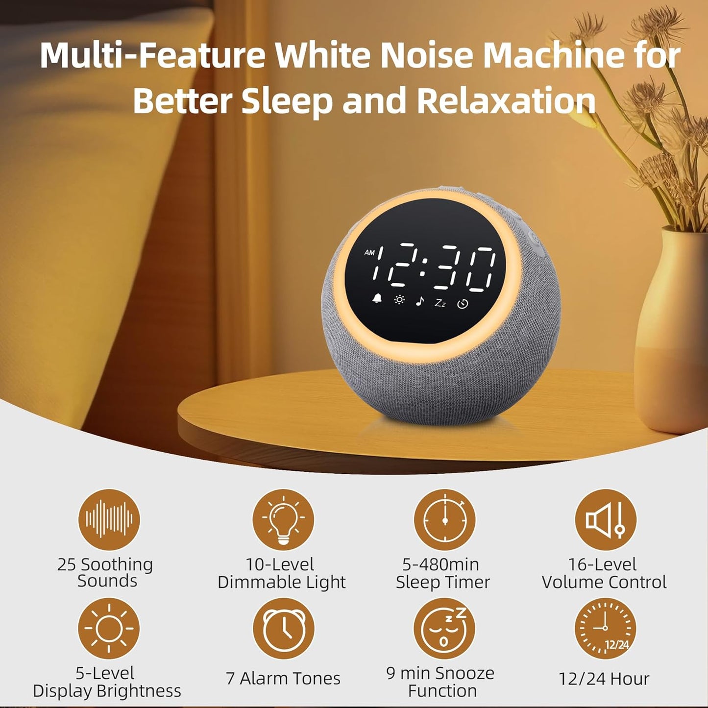 Smart Alarm Clock for Bedrooms, Digital Alarm Clock with White Noise Hatch Sound Machine, 25 Sounds, Night Light, Snooze, Sleep Timer, Adjustable Volume for Kids, Adults,Teens, Heavy Sleepers