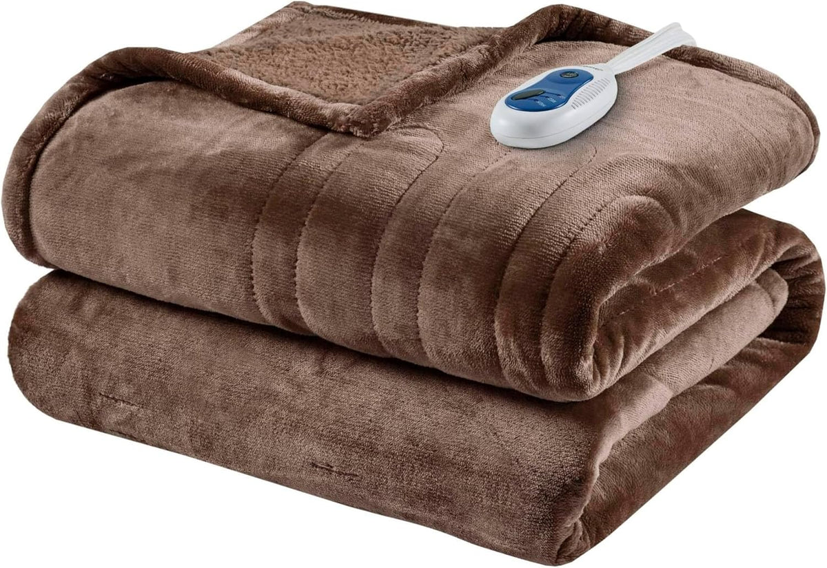 Beautyrest Reversible Heated Throw - Plush Sherpa Heating Blanket, Grey