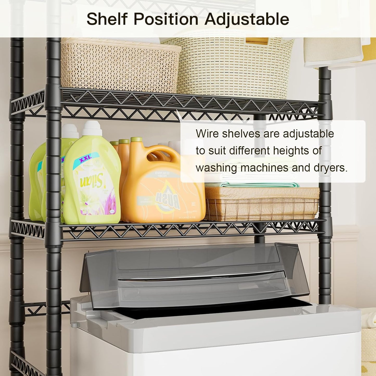 U11 Over Washer and Dryer Shelves, 3 Tiers Laundry Room Storage and Organizer Standing Shelf, Metal Freestanding Clothes Drying Rack, 33.9" W x 19.7" D x 77.6" H, Black
