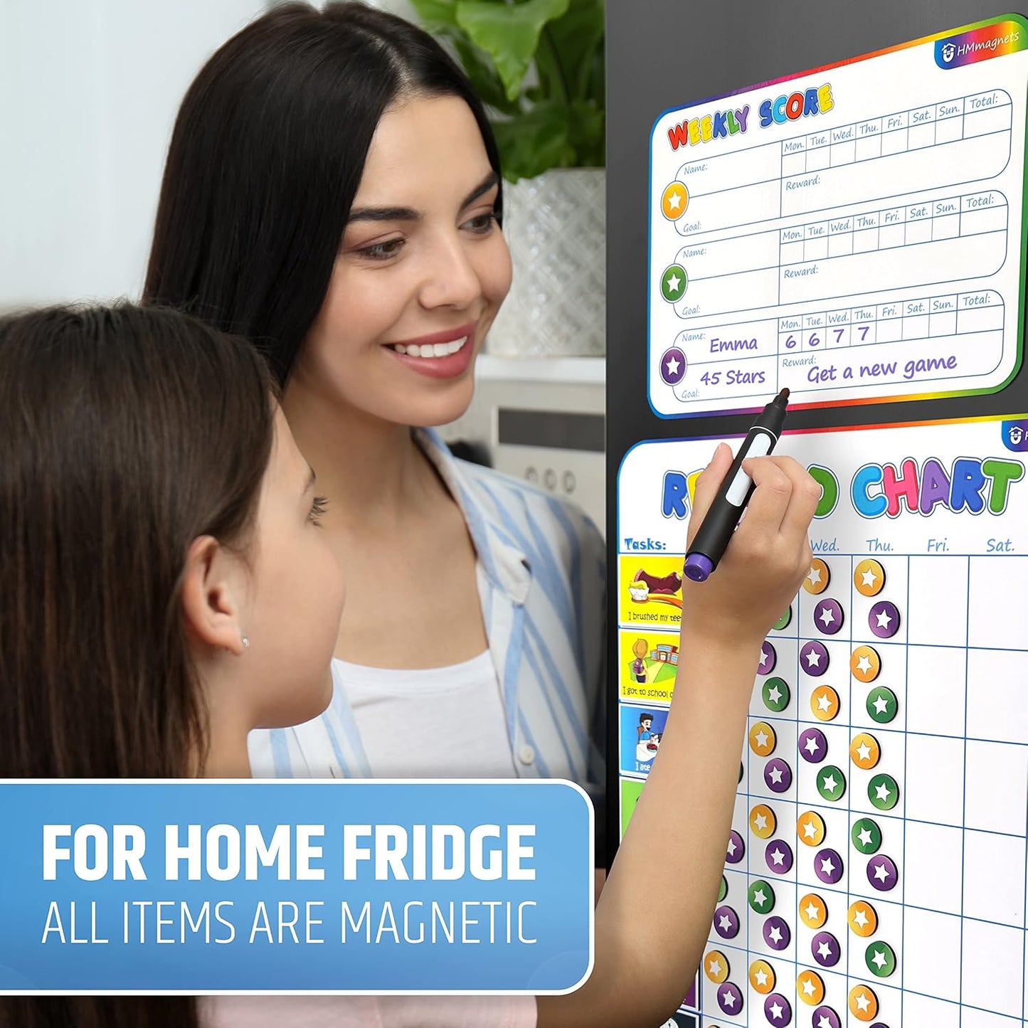 Large Magnetic Reward Chart for Kids - 127 Pre-Written Stickers (Including Potty Training) + 30 Customizable Chores - Behavior, Responsibility & Incentive Routine Star Chart for Fridge (1 Kid Version)