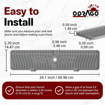 ODRAGO Silicone Kitchen Sink Splash Guard - 24.01 Inch Faucet Mat for Kitchen Sink Water - Longer Faucet Handle Drip Catcher Tray-Sink Guard for Kitchen Sink (Grey)