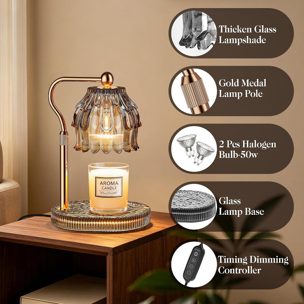 Candle Warmer Lamp with Timer Dimmer, Modern Wax Warmer for Scented Wax Jar Candle Warmer with 2 Bulbs, Adjustable Height Glass Lamp for Gifts for Women, Home Decor, Gold Amber