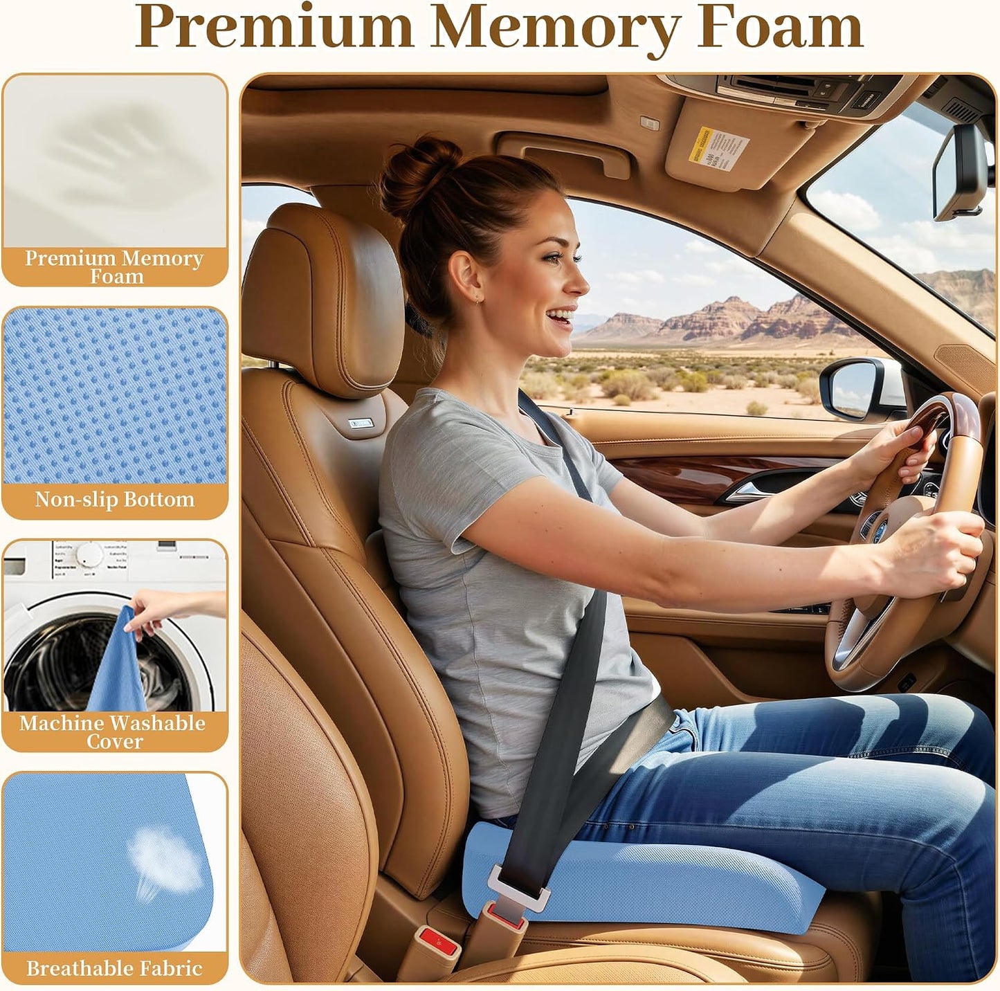 TranquilRelax Memory Foam Seat Cushion for Office Chair, 3-Inch, Black | Medium-firm Support for Long Sitting, Washable Mesh Cover, Non-slip Base, Perfect for Car Seats & Short Drivers