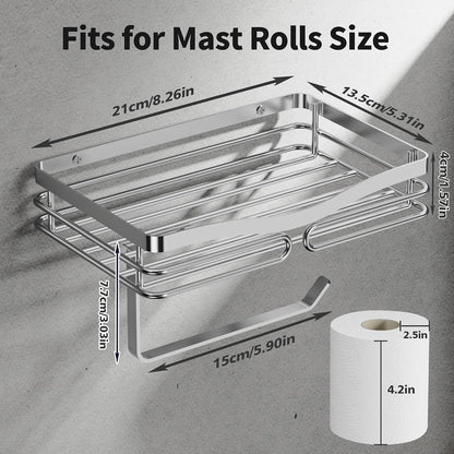 YIGII Toilet Paper Holder with Shelf, Adhesive or Drilling Toilet Paper Roll Holder for Bathroom, Rustproof Tissue Roll Holder Wall Mounted for Wipe Storage (Silver)