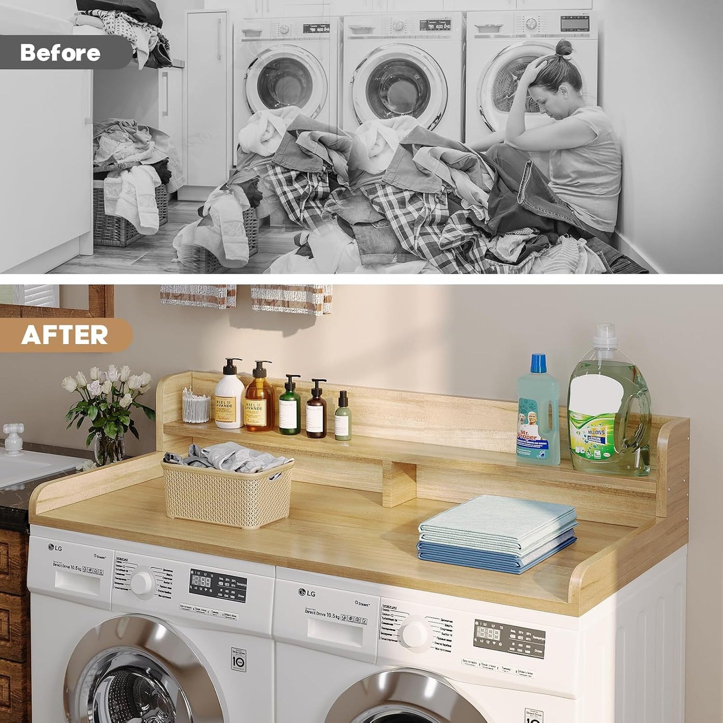 2-Tier Washer Dryer Countertop with 2.75" H Edge Rails, 54" W x 27.55" D Laundry Countertop for Folding Clothes, Washer and Dryer Topper with Non-Slip Pad (Dark Walnut)