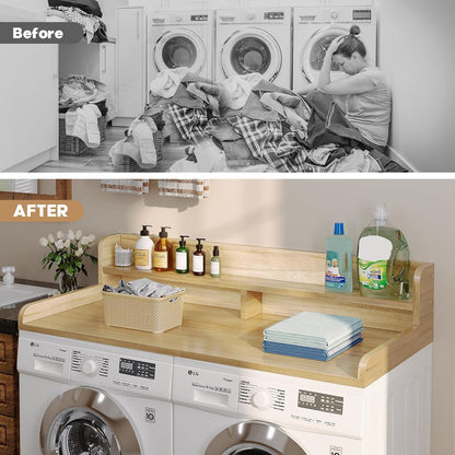 2-Tier Washer Dryer Countertop with 2.75" H Edge Rails, 54" W x 27.55" D Laundry Countertop for Folding Clothes, Washer and Dryer Topper with Non-Slip Pad (Dark Walnut)