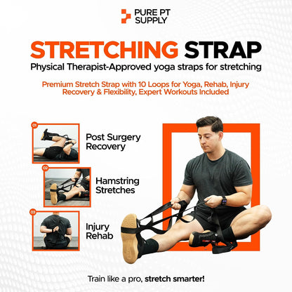 Pure PT Stretching Strap, 10 Loops, Non-Elastic Stretch Strap, Yoga Strap | Flexibility Training, Non-Elastic, Leg & Hamstring Stretcher, Rehab, Pilates, Home & Gym Use, Workout Guide Included