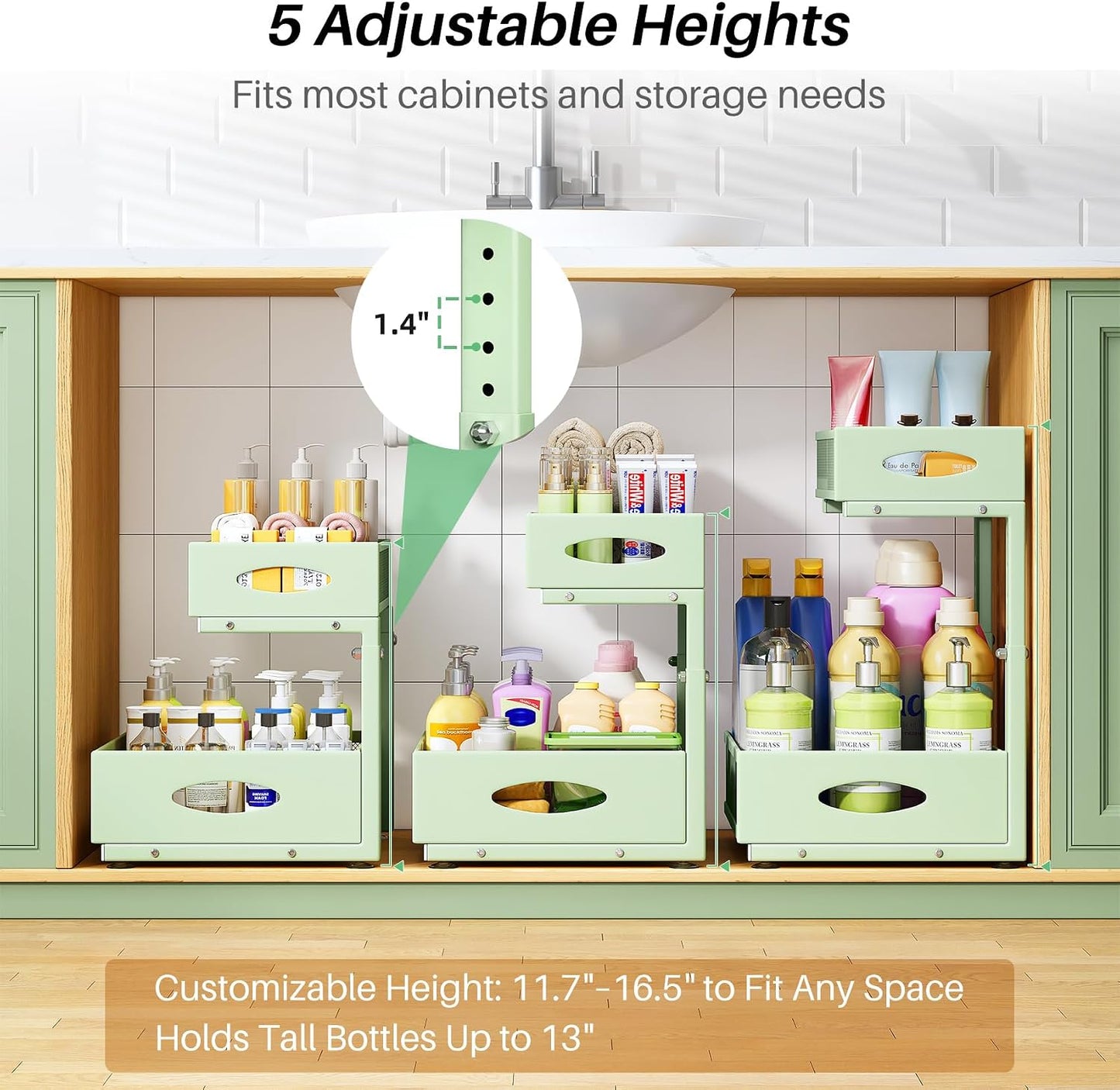 Under Sink Organizer, 2-Pack Pull Out Cabinet Organizer 2 Tier Metal Slide Out Storage Shelf Rack, L-Shaped Adjustable Height,Mesh Sliding Drawer for Kitchen, Bathroom, Laundry, Pantry, White, XL