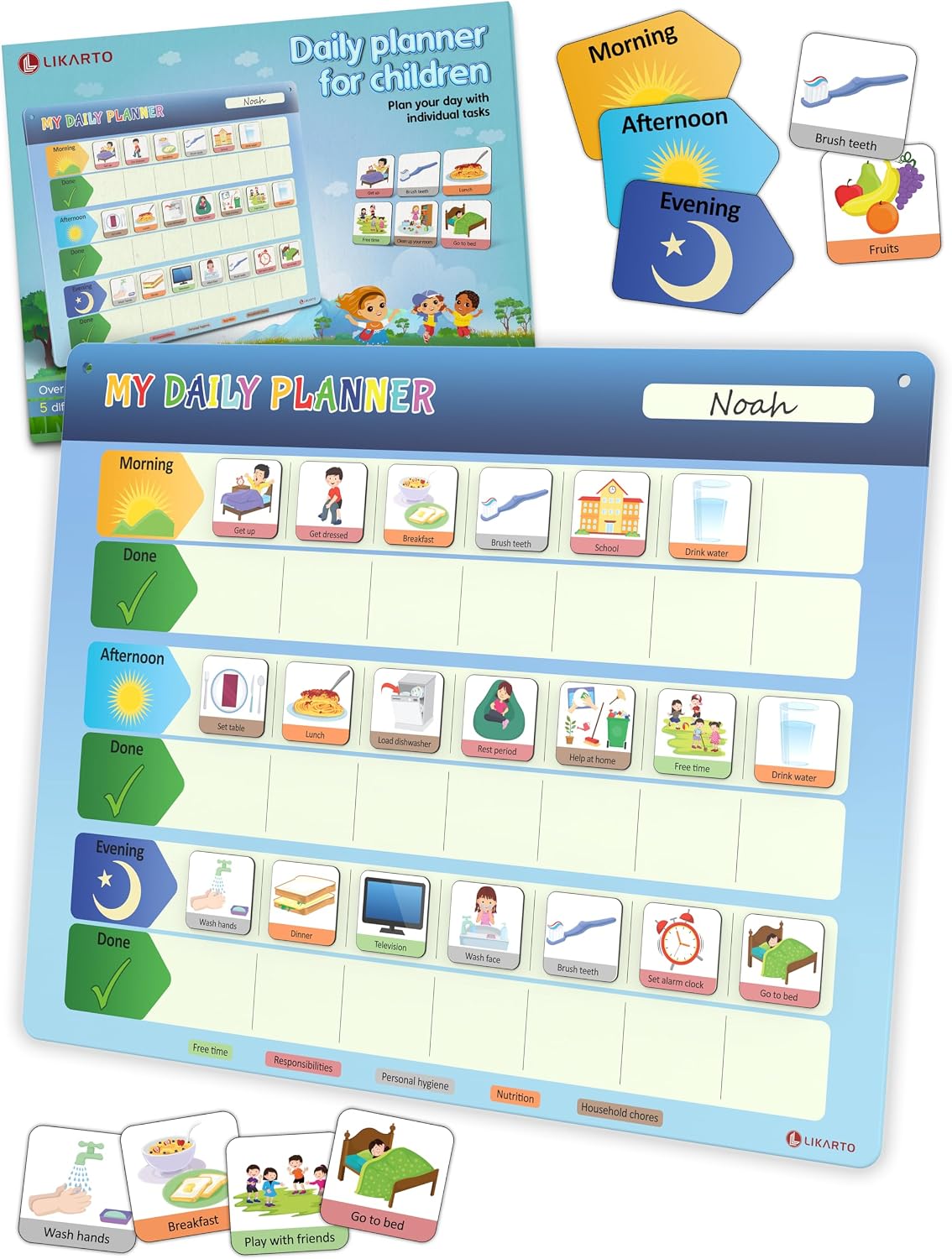 LIKARTO® Visual Schedule for Kids - Routine Chart for Kids - Magnetic Schedule with 147 Magnets - Chore Chart for Children - Morning Evening Bedtime Routine for Toddlers, Autism, ADHD