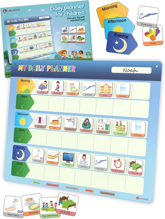 LIKARTO® Visual Schedule for Kids - Routine Chart for Kids - Magnetic Schedule with 147 Magnets - Chore Chart for Children - Morning Evening Bedtime Routine for Toddlers, Autism, ADHD