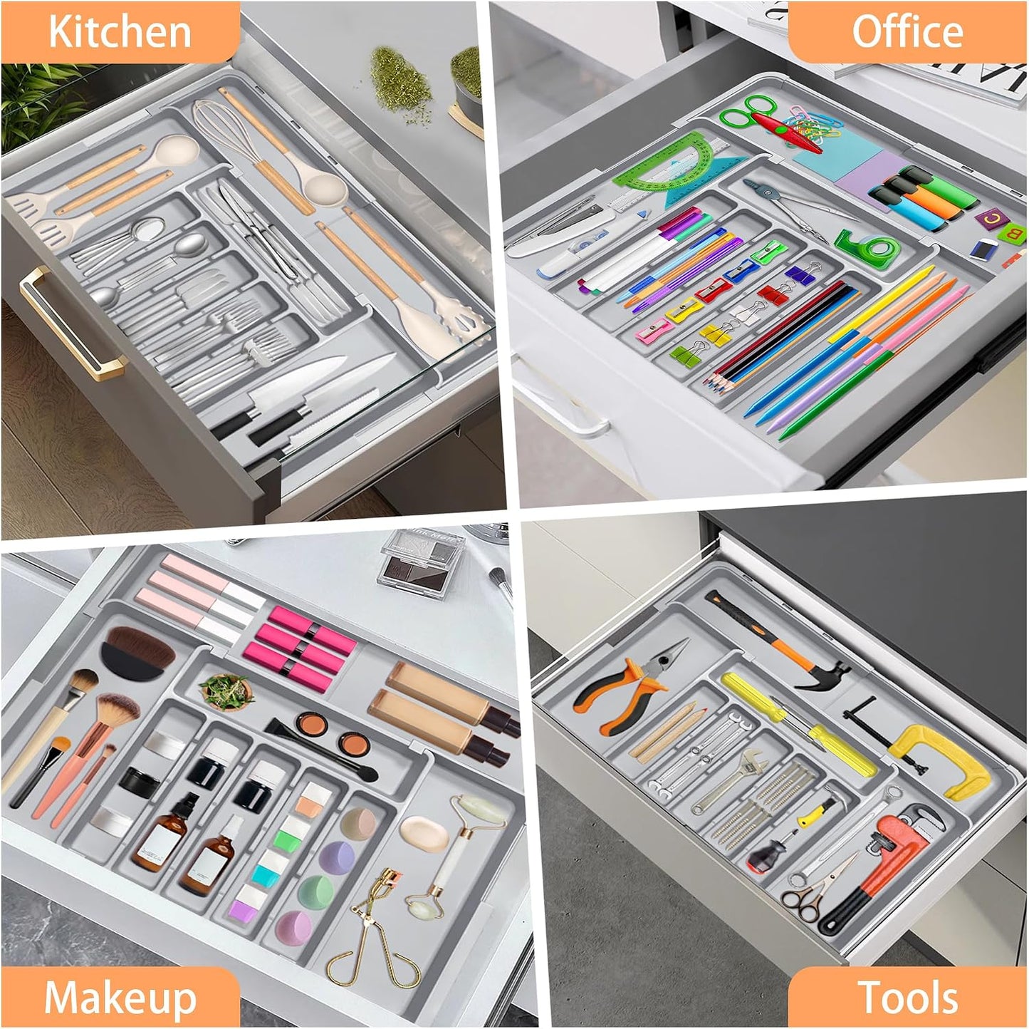 Large Silverware Drawer Organizer Expandable Kitchen Utensil Organizer BPA Free Flatware Cutlery Holder Tray Adjustable Plastic Drawer Divider Storage for Forks Knives 6-9 Slots White