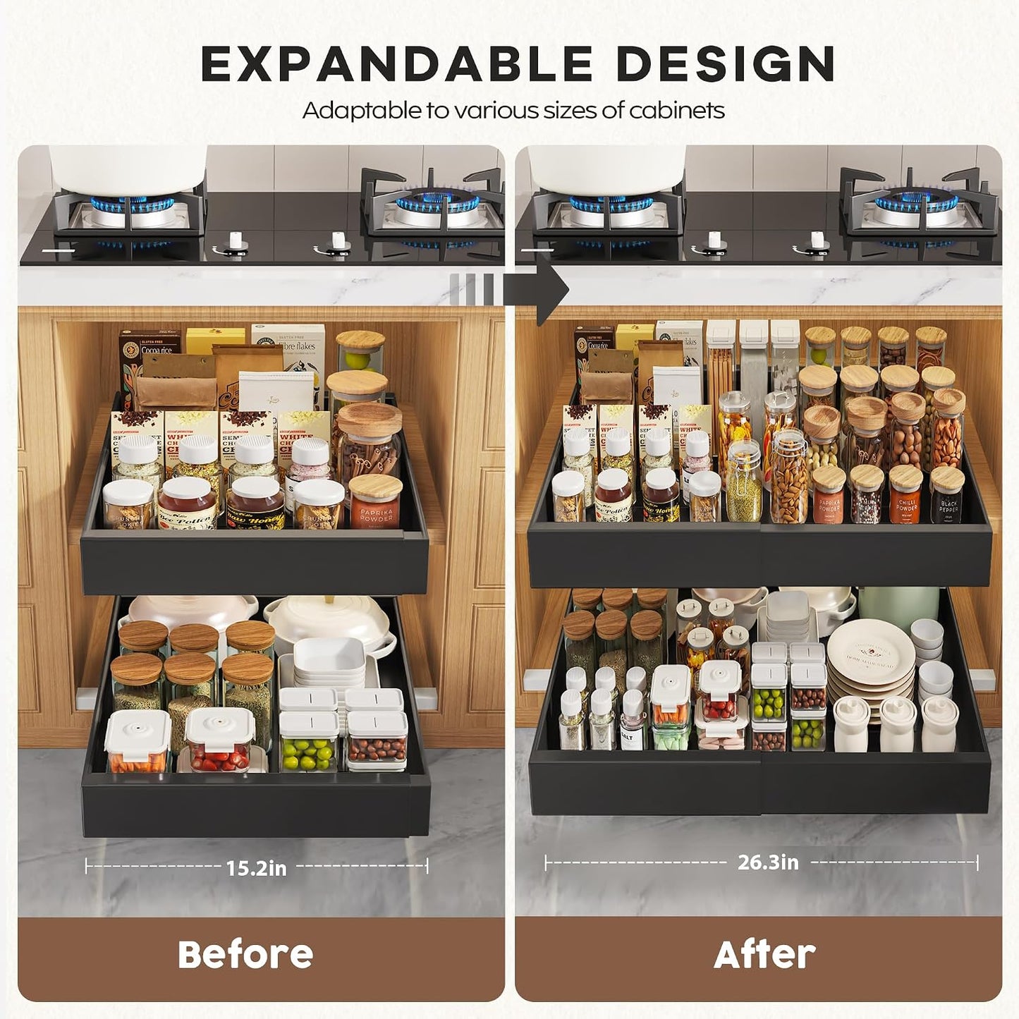 Seinloes 2 Pack Pull Out Cabinet Organizers 21"Deep with Raising Pad for Framed Cabinets,Expandable Slide Out Drawers Upgrade 3 Slide Rails,Roll Out Shelves Adhesive,Adjustable Width 12"-20.45" White