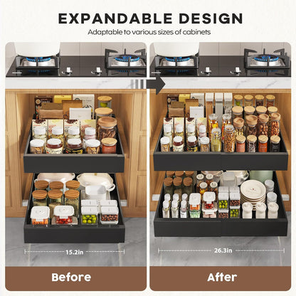 Seinloes 2 Pack Pull Out Cabinet Organizers 21"Deep with Raising Pad for Framed Cabinets,Expandable Slide Out Drawers Upgrade 3 Slide Rails,Roll Out Shelves Adhesive,Adjustable Width 12"-20.45" White