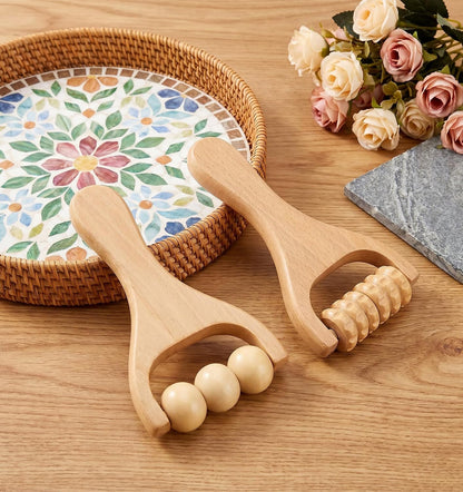 2 Pcs Wooden Massage Roller Handheld Bead Massage Tool for Muscle Relief, Body Care Manual Tool for Neck Back Leg Foot, Handheld 3 Bead Gear Roller for Home Gym Travel
