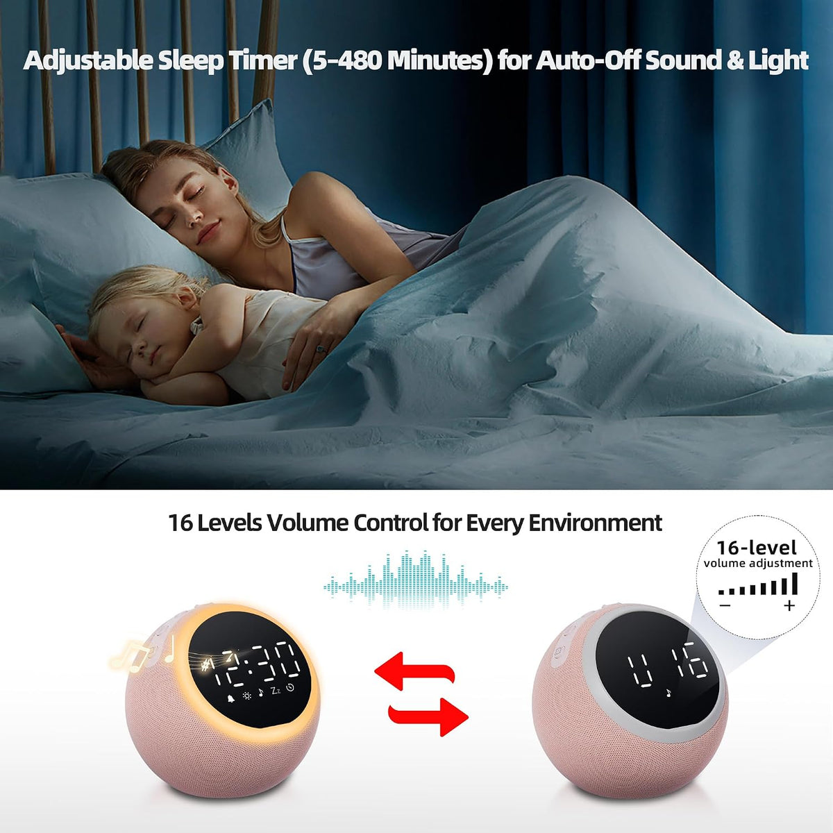 Smart Alarm Clock with White Noise & Night Light for Bedrooms
