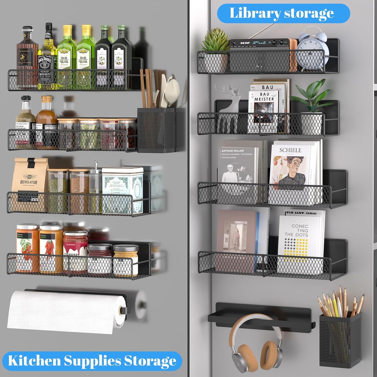 4 Pack Magnetic Shelves for Washing Machine, Heavy-Duty Magnetic Laundry Organizer with Hooks, Washing Machine Shelf for Refrigerator, Metal Storage Baskets, Closet & Laundry Room Organization(Black)