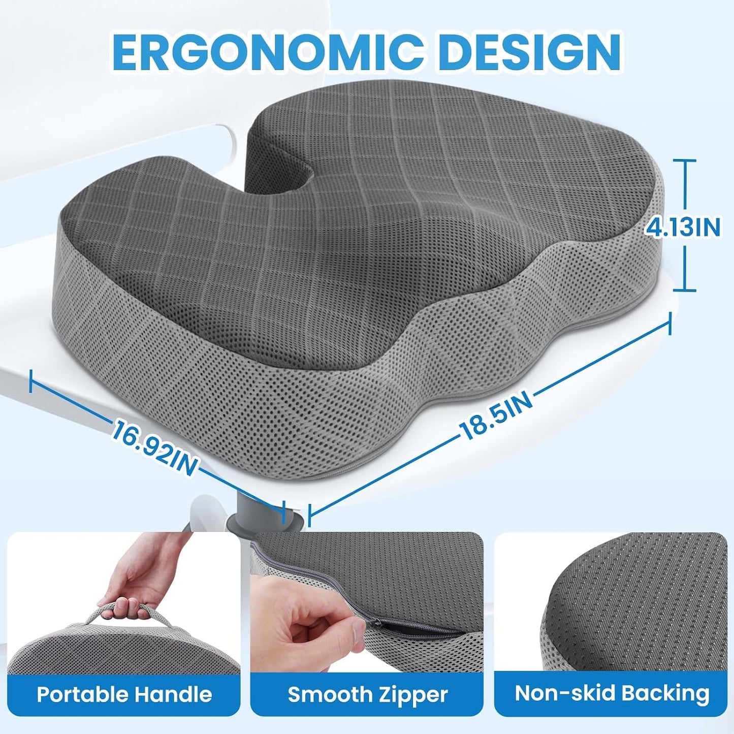 TushGuard Office/ Car Seat Cushion, Non-Slip Sciatica & Back Coccyx Tailbone Pain Relief Chair Pad, Memory Foam Butt Pillow for Computer Desk, Wheelchair, Driving (Black)